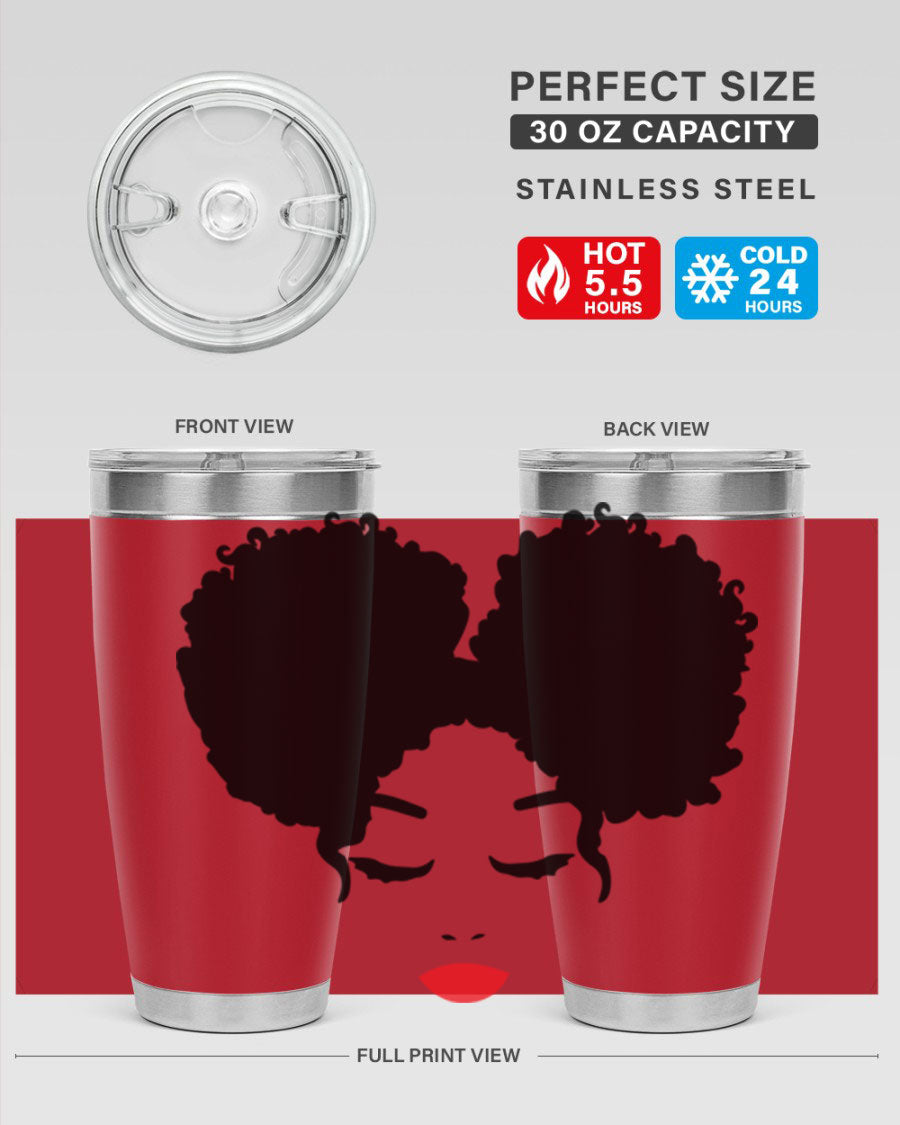 A stylish tumbler featuring a black woman with red lips, showcasing its sleek stainless steel design.