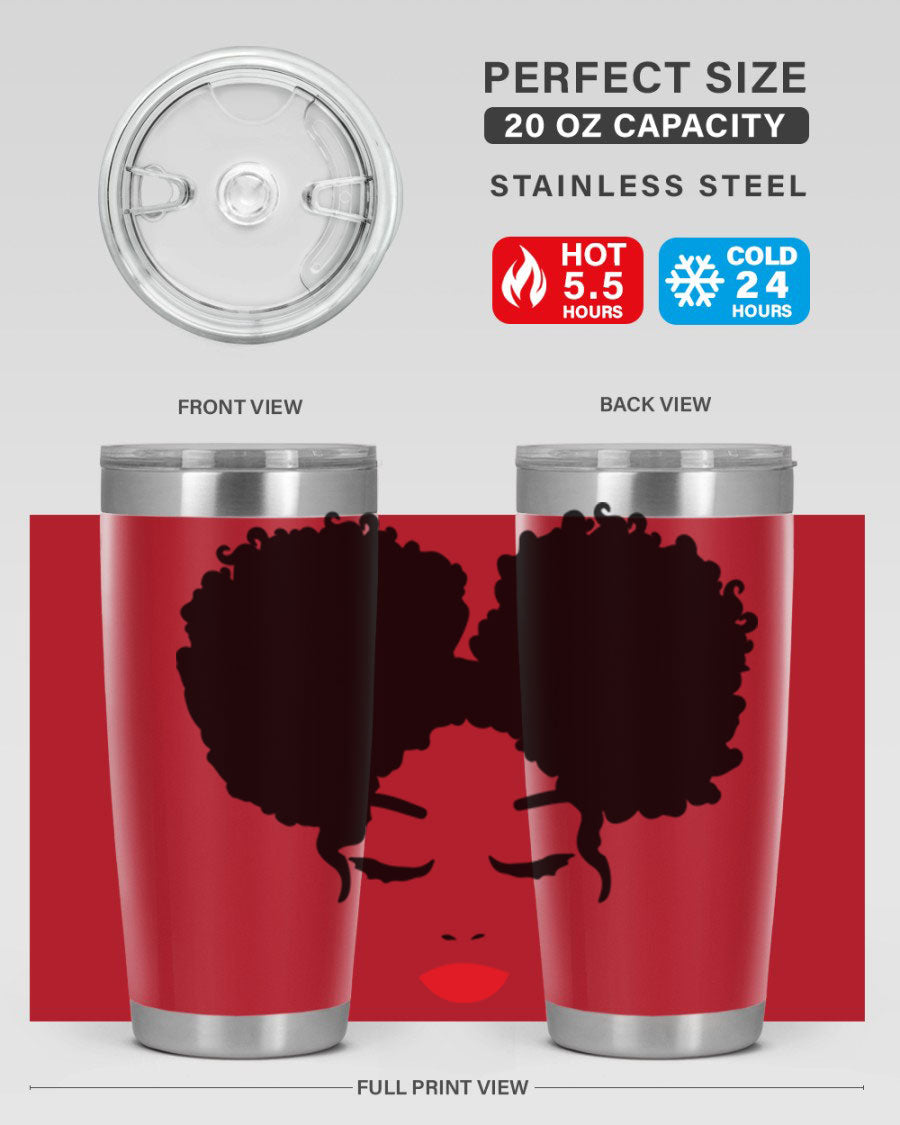 A stylish tumbler featuring a black woman with red lips, showcasing its sleek stainless steel design.