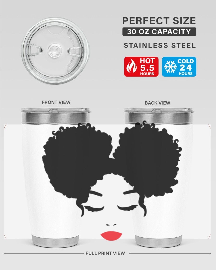 A stylish tumbler featuring a black woman with red lips, showcasing its sleek stainless steel design.