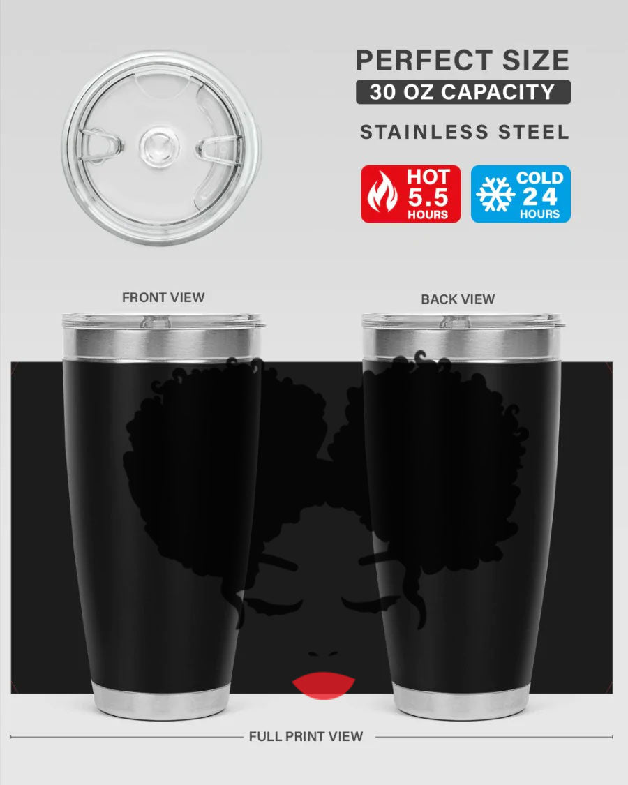 A stylish tumbler featuring a black woman with red lips, showcasing its sleek stainless steel design.