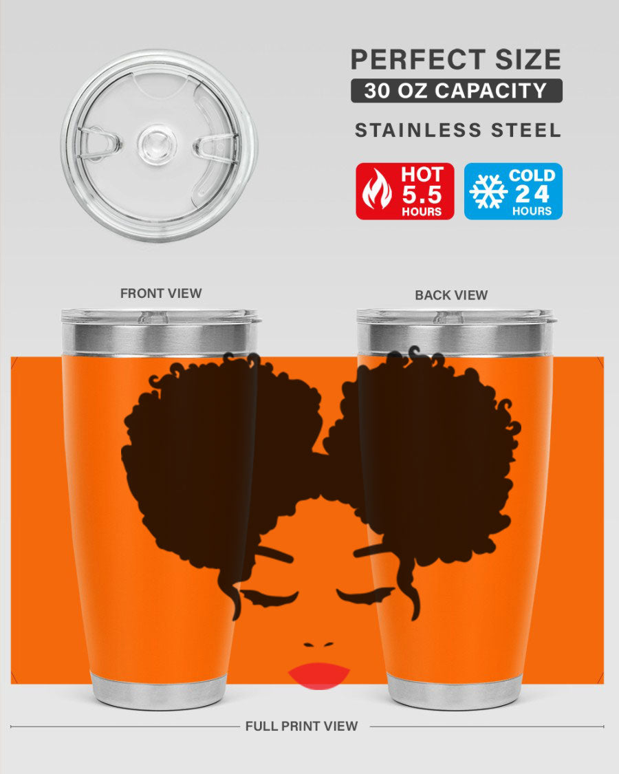 A stylish tumbler featuring a black woman with red lips, showcasing its sleek stainless steel design.