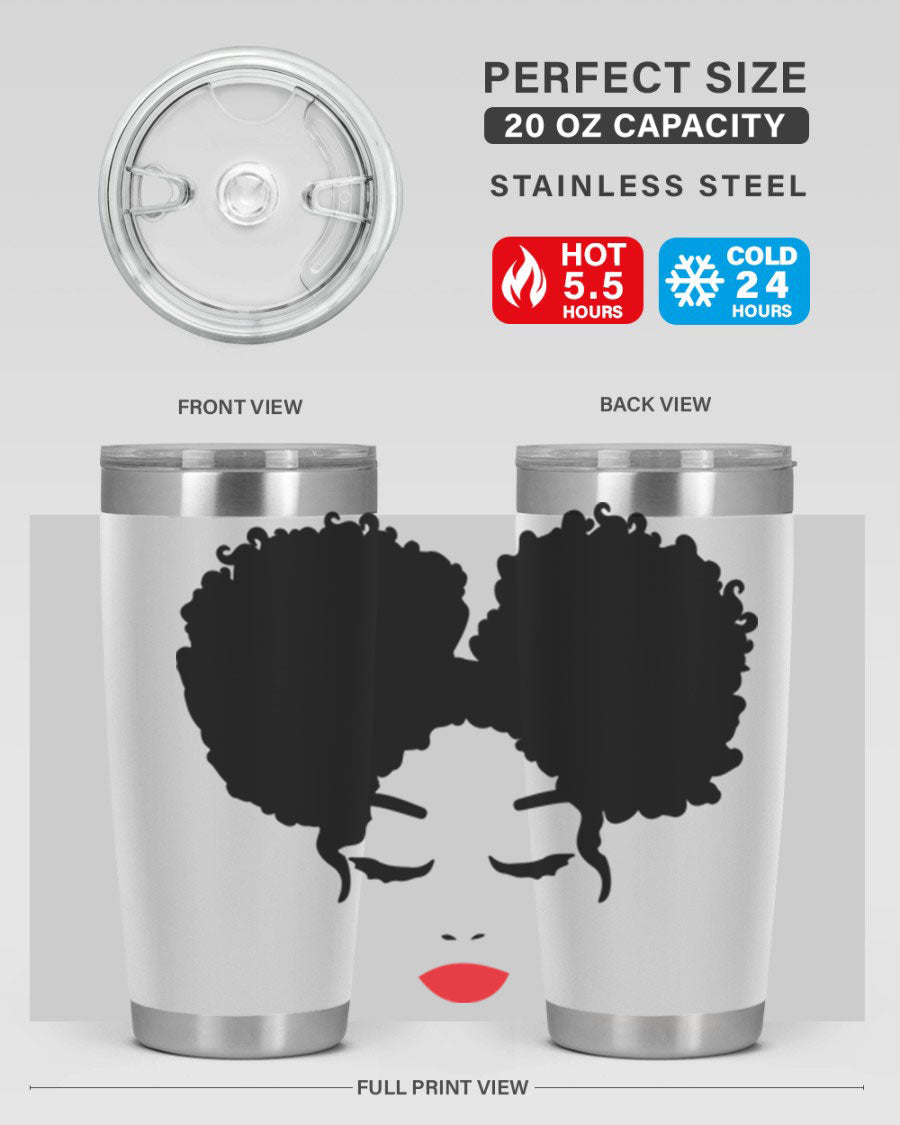 A stylish tumbler featuring a black woman with red lips, showcasing its sleek stainless steel design.