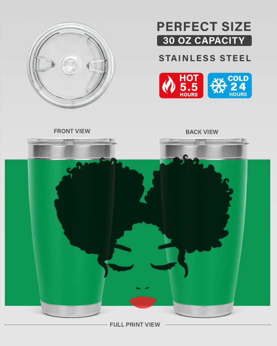 A stylish tumbler featuring a black woman with red lips, showcasing its sleek stainless steel design.