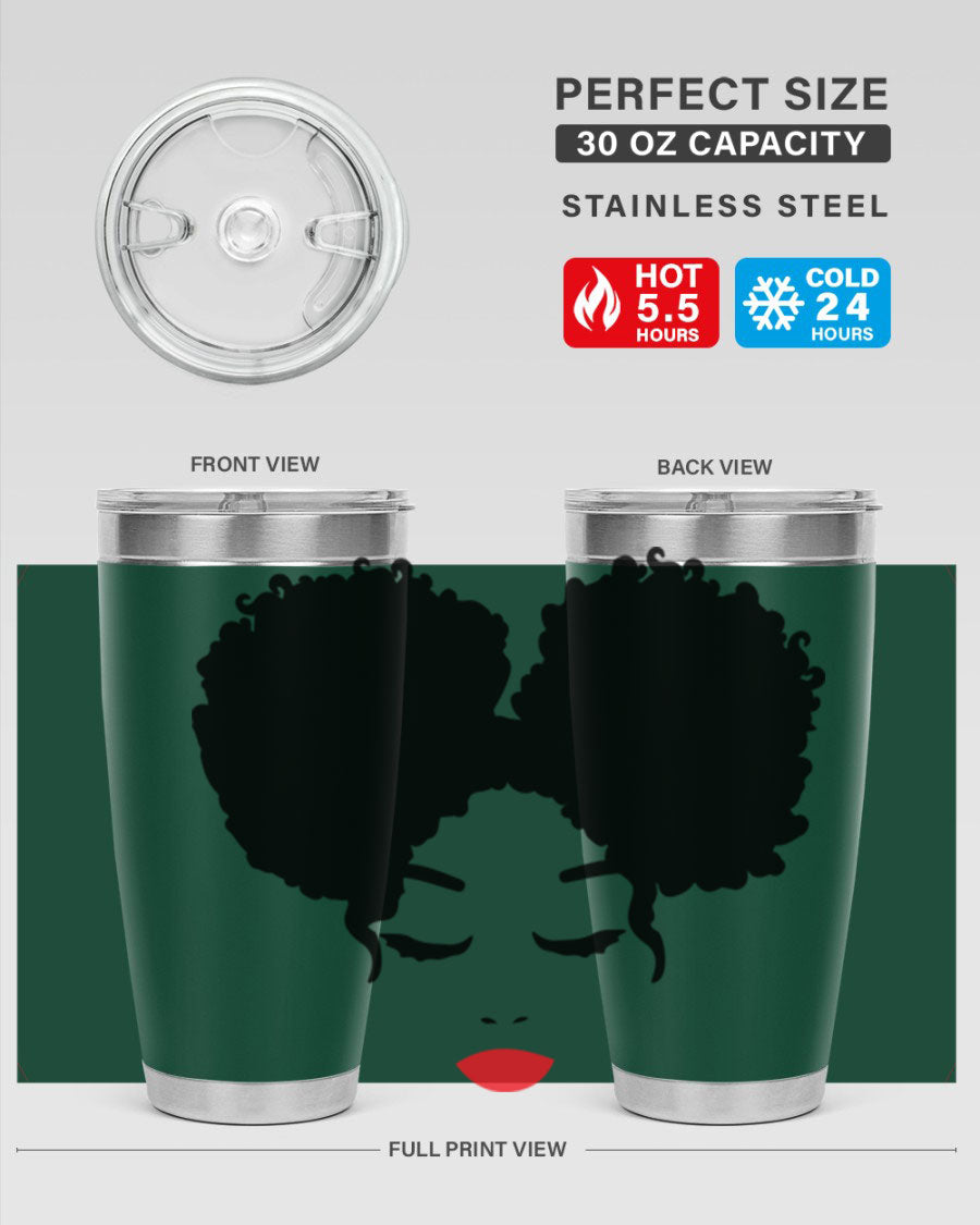 A stylish tumbler featuring a black woman with red lips, showcasing its sleek stainless steel design.