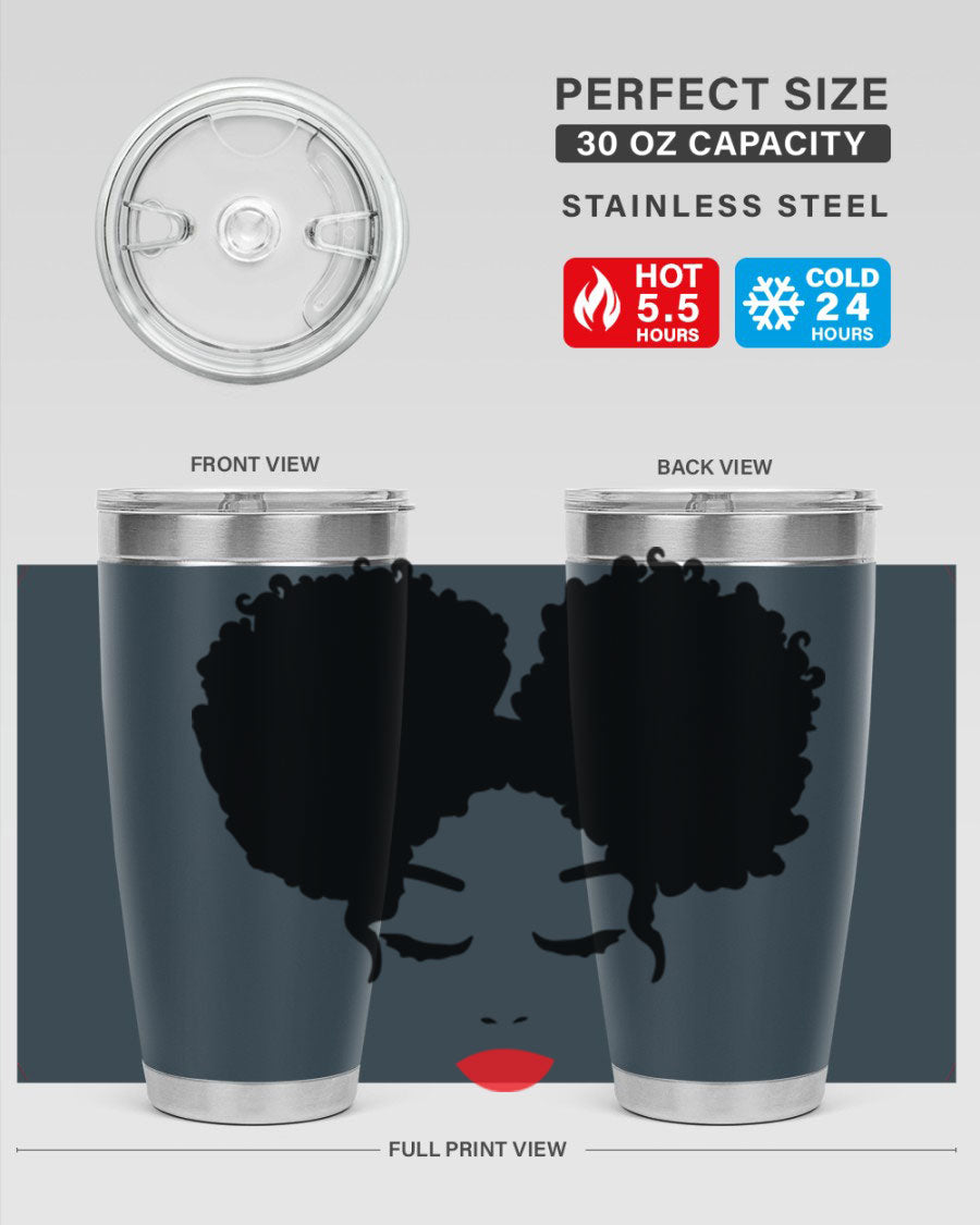 A stylish tumbler featuring a black woman with red lips, showcasing its sleek stainless steel design.