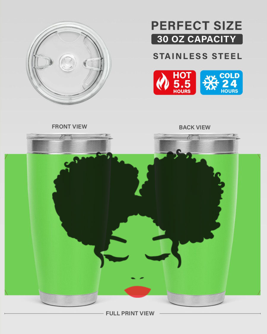 A stylish tumbler featuring a black woman with red lips, showcasing its sleek stainless steel design.