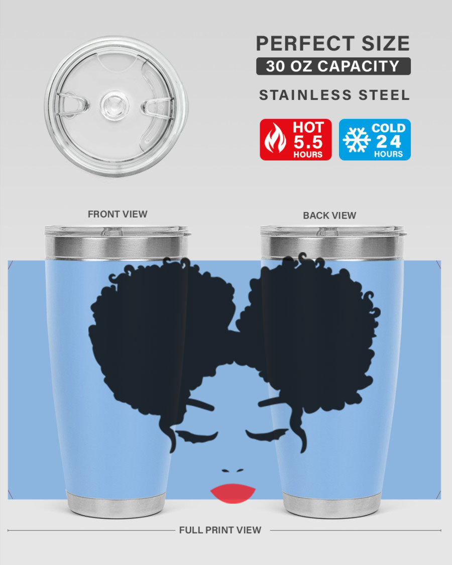 A stylish tumbler featuring a black woman with red lips, showcasing its sleek stainless steel design.