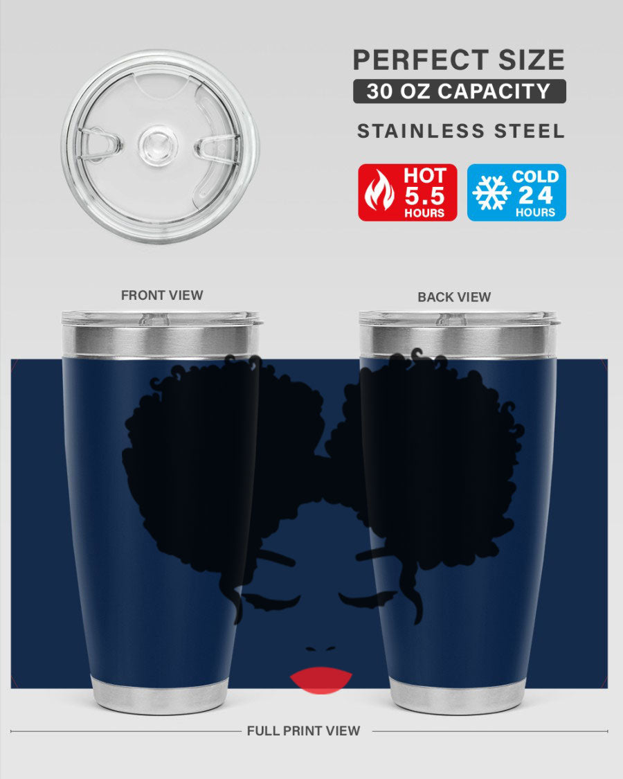 A stylish tumbler featuring a black woman with red lips, showcasing its sleek stainless steel design.