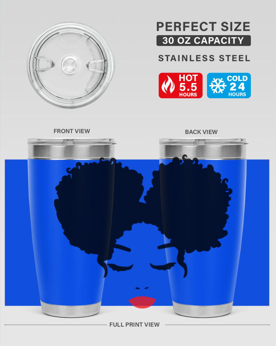 A stylish tumbler featuring a black woman with red lips, showcasing its sleek stainless steel design.