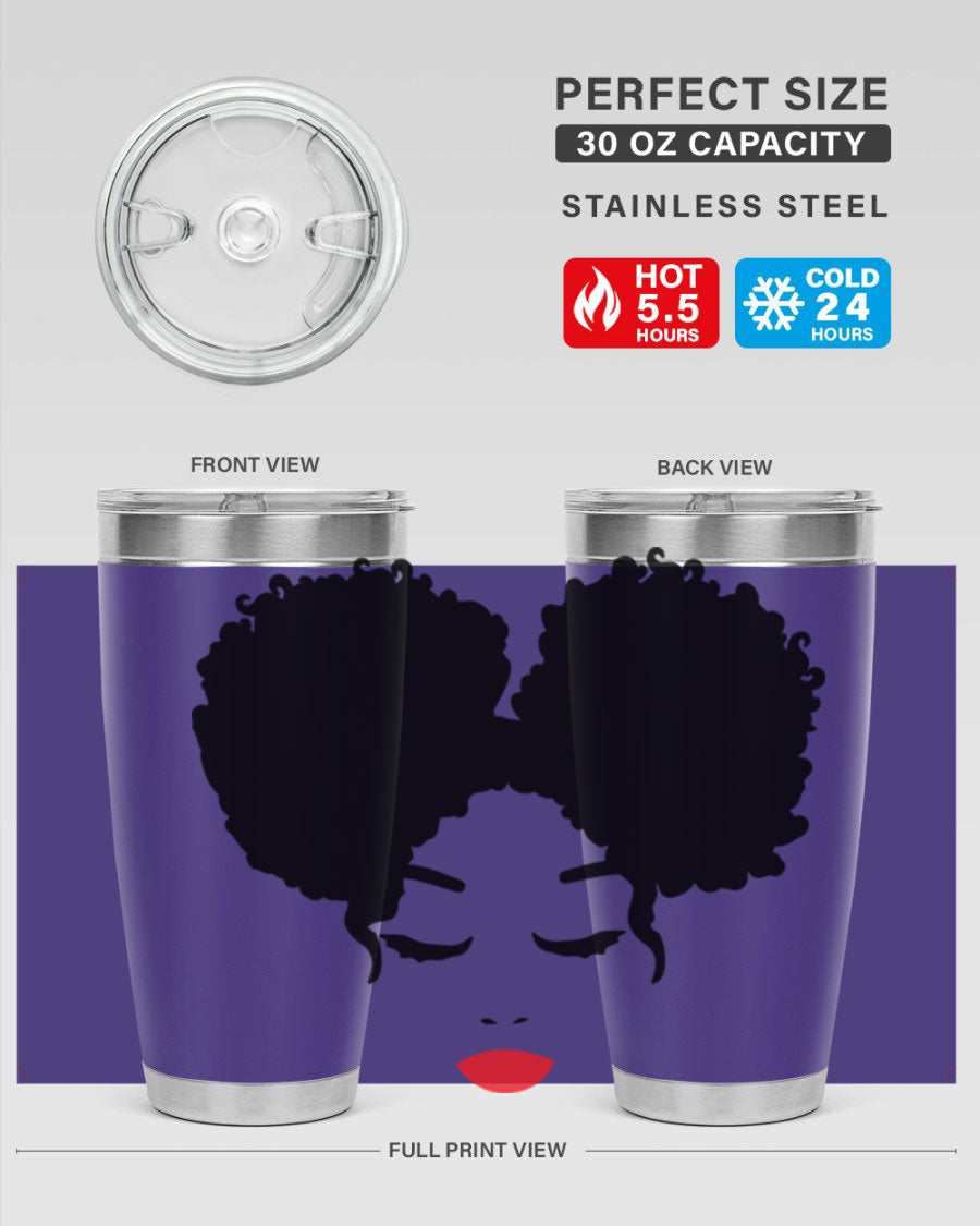 A stylish tumbler featuring a black woman with red lips, showcasing its sleek stainless steel design.
