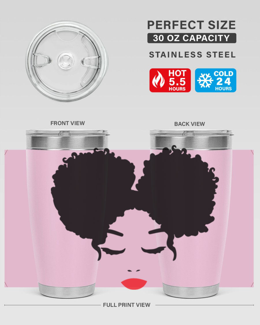 A stylish tumbler featuring a black woman with red lips, showcasing its sleek stainless steel design.