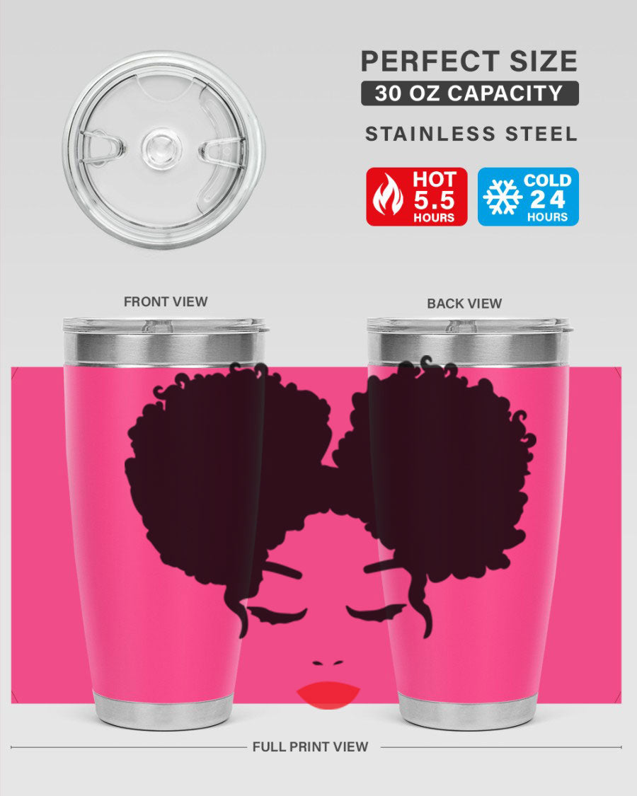 A stylish tumbler featuring a black woman with red lips, showcasing its sleek stainless steel design.