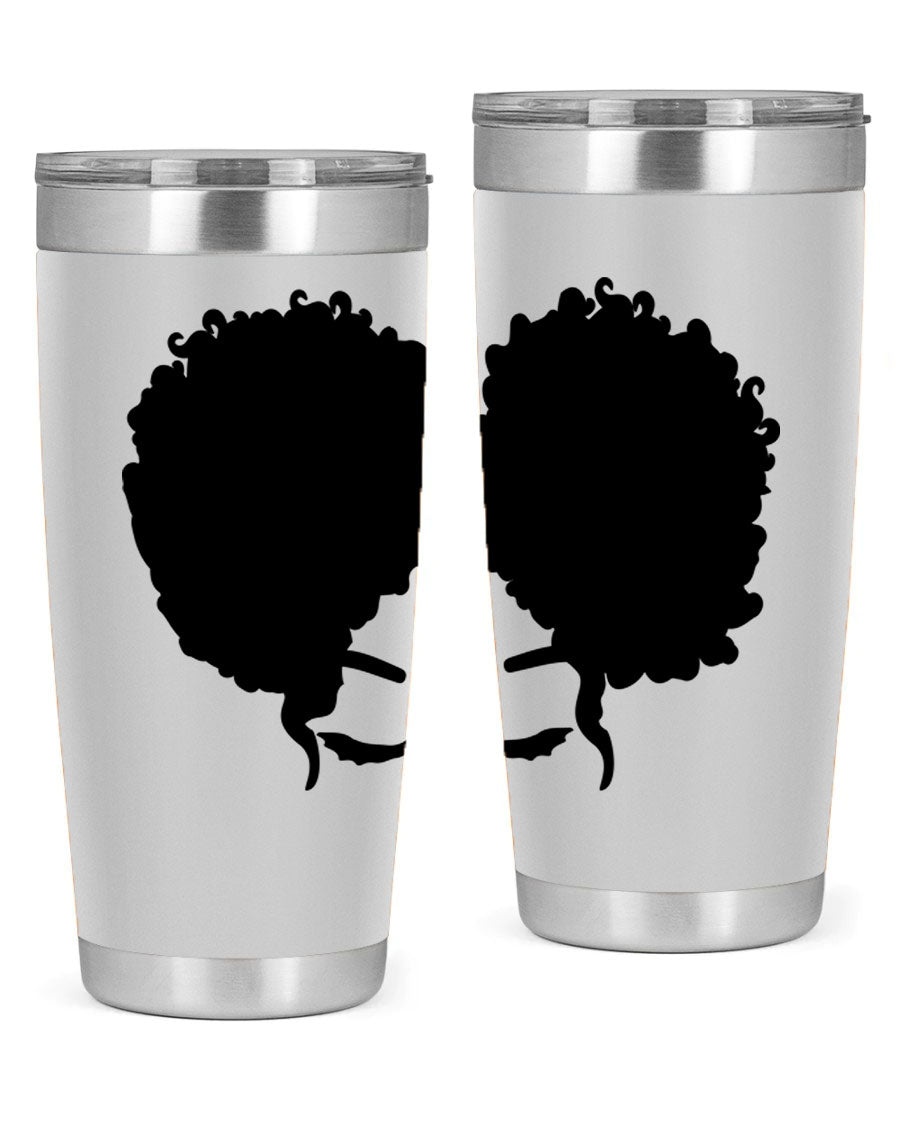 A stylish tumbler featuring a black woman with red lips, showcasing its sleek stainless steel design.