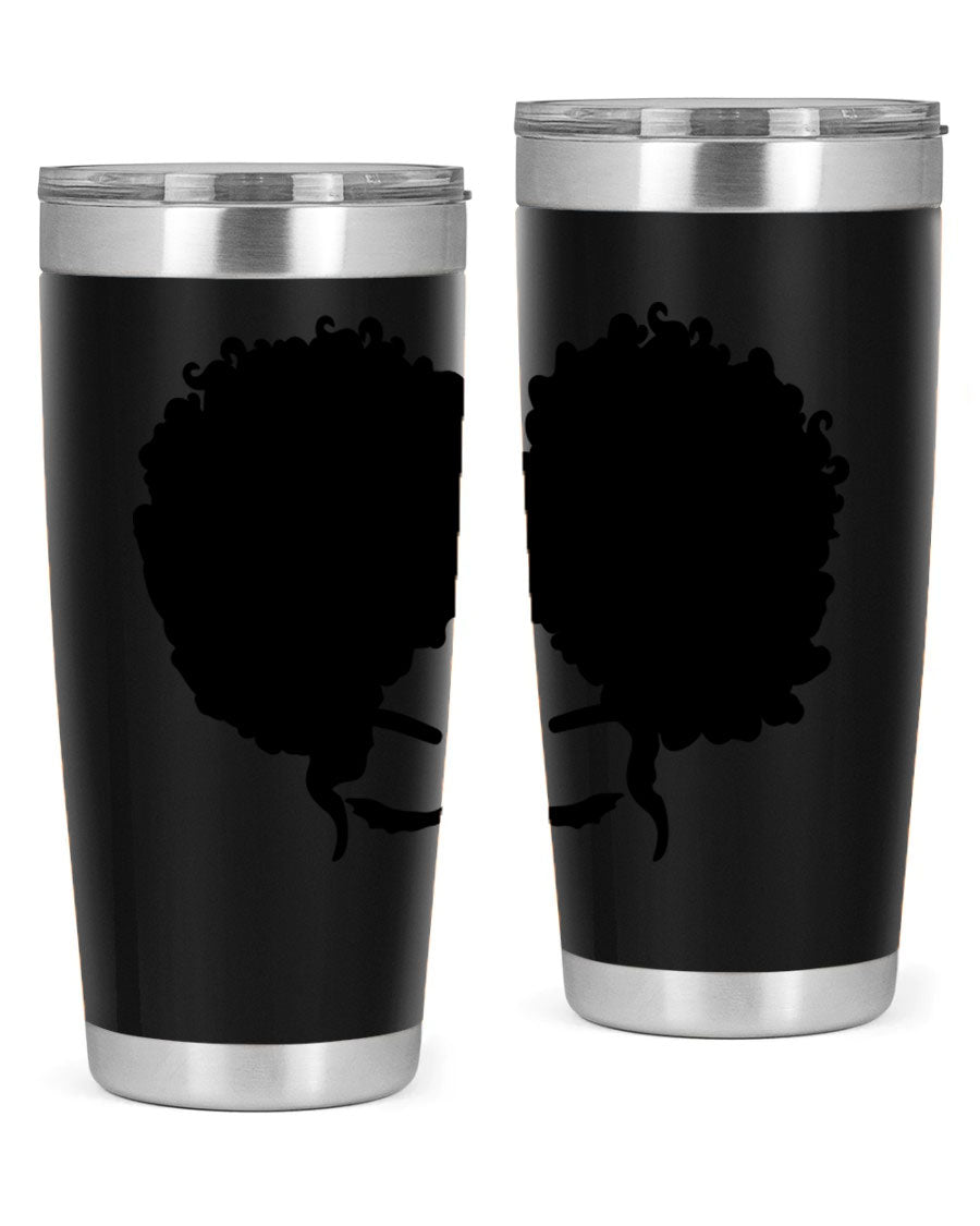 A stylish tumbler featuring a black woman with red lips, showcasing its sleek stainless steel design.