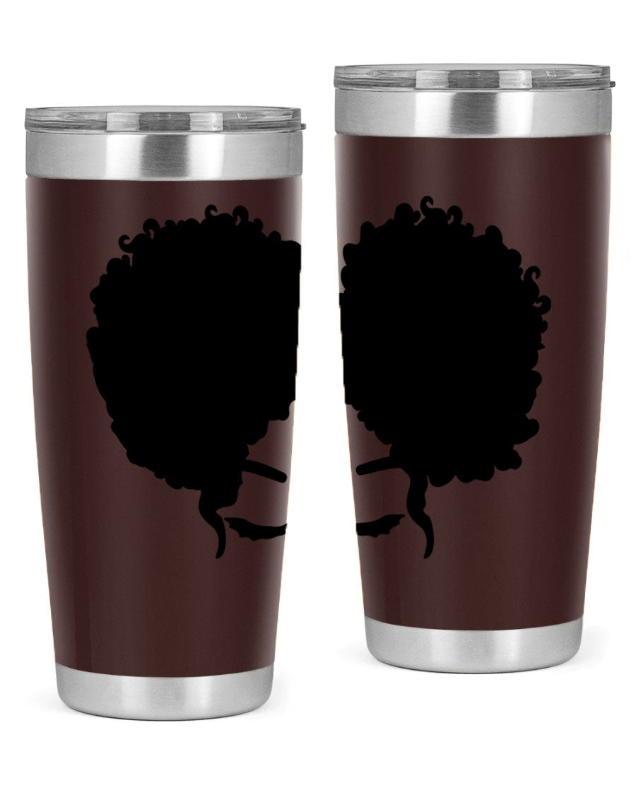 A stylish tumbler featuring a black woman with red lips, showcasing its sleek stainless steel design.