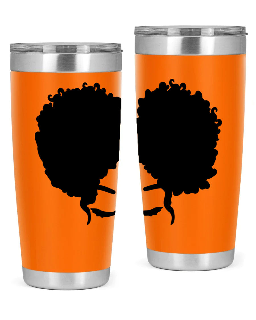 A stylish tumbler featuring a black woman with red lips, showcasing its sleek stainless steel design.