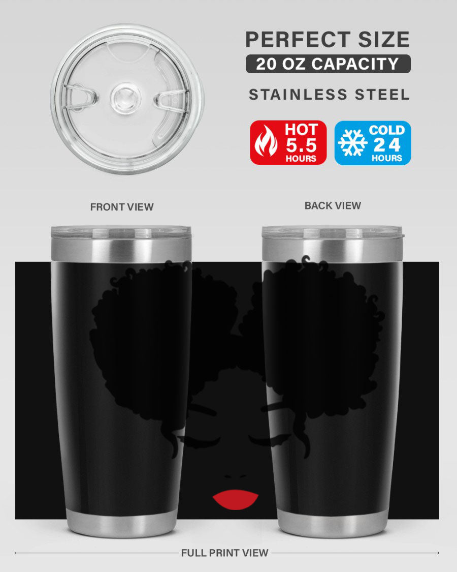 A stylish tumbler featuring a black woman with red lips, showcasing its sleek stainless steel design.