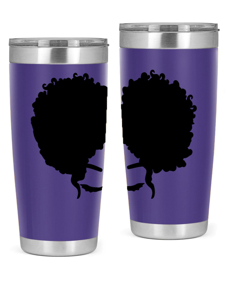 A stylish tumbler featuring a black woman with red lips, showcasing its sleek stainless steel design.