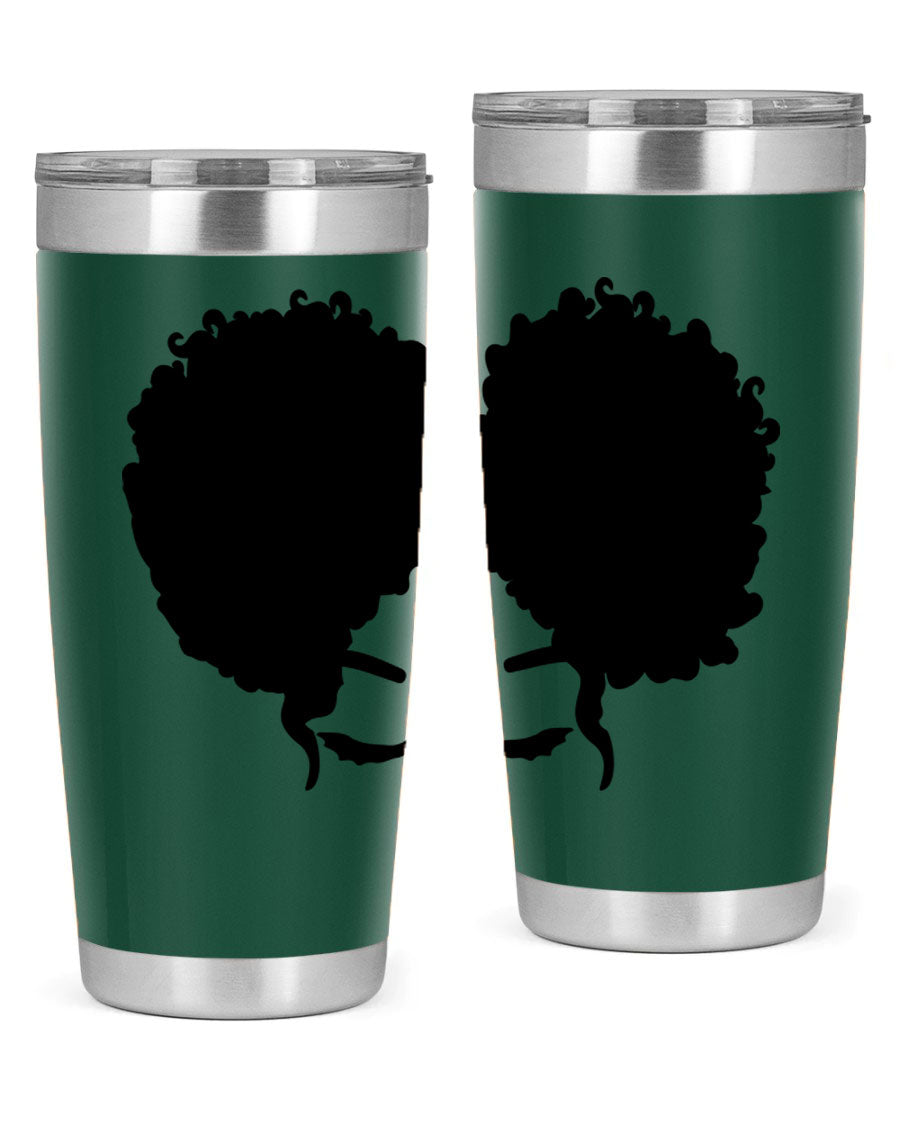 A stylish tumbler featuring a black woman with red lips, showcasing its sleek stainless steel design.