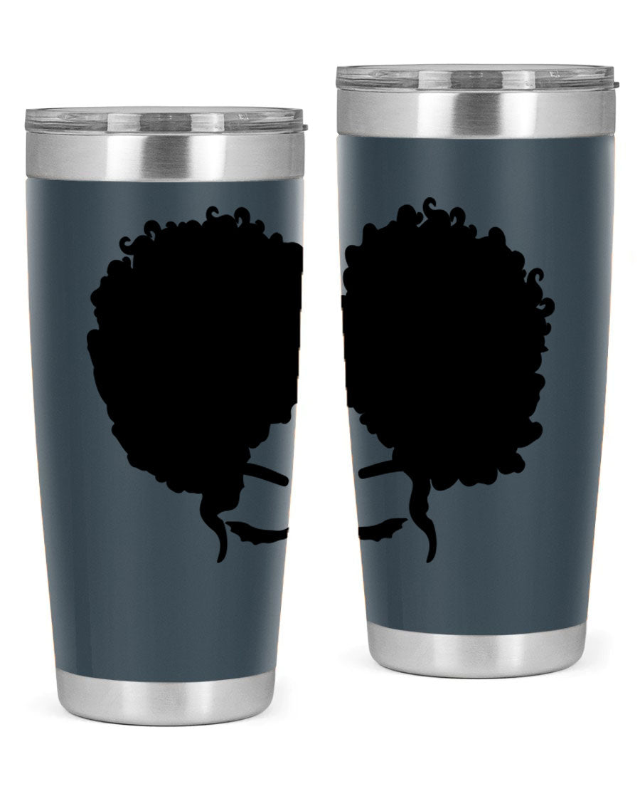 A stylish tumbler featuring a black woman with red lips, showcasing its sleek stainless steel design.