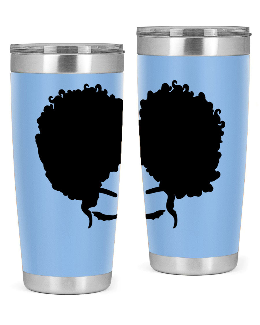 A stylish tumbler featuring a black woman with red lips, showcasing its sleek stainless steel design.