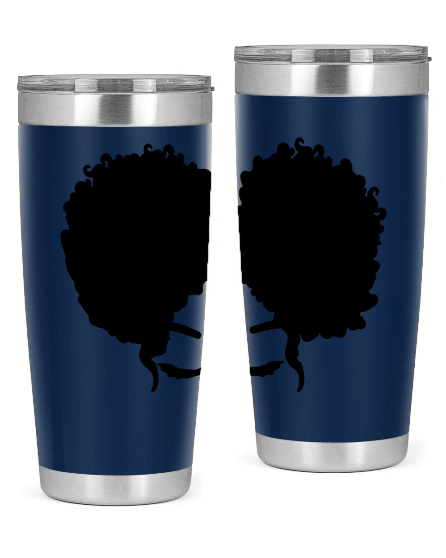 A stylish tumbler featuring a black woman with red lips, showcasing its sleek stainless steel design.