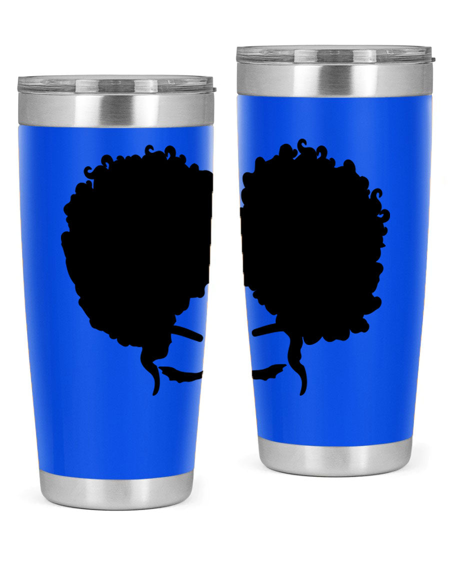 A stylish tumbler featuring a black woman with red lips, showcasing its sleek stainless steel design.