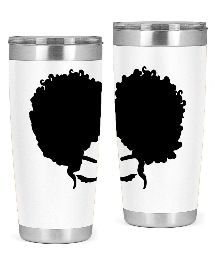 A stylish tumbler featuring a black woman with red lips, showcasing its sleek stainless steel design.