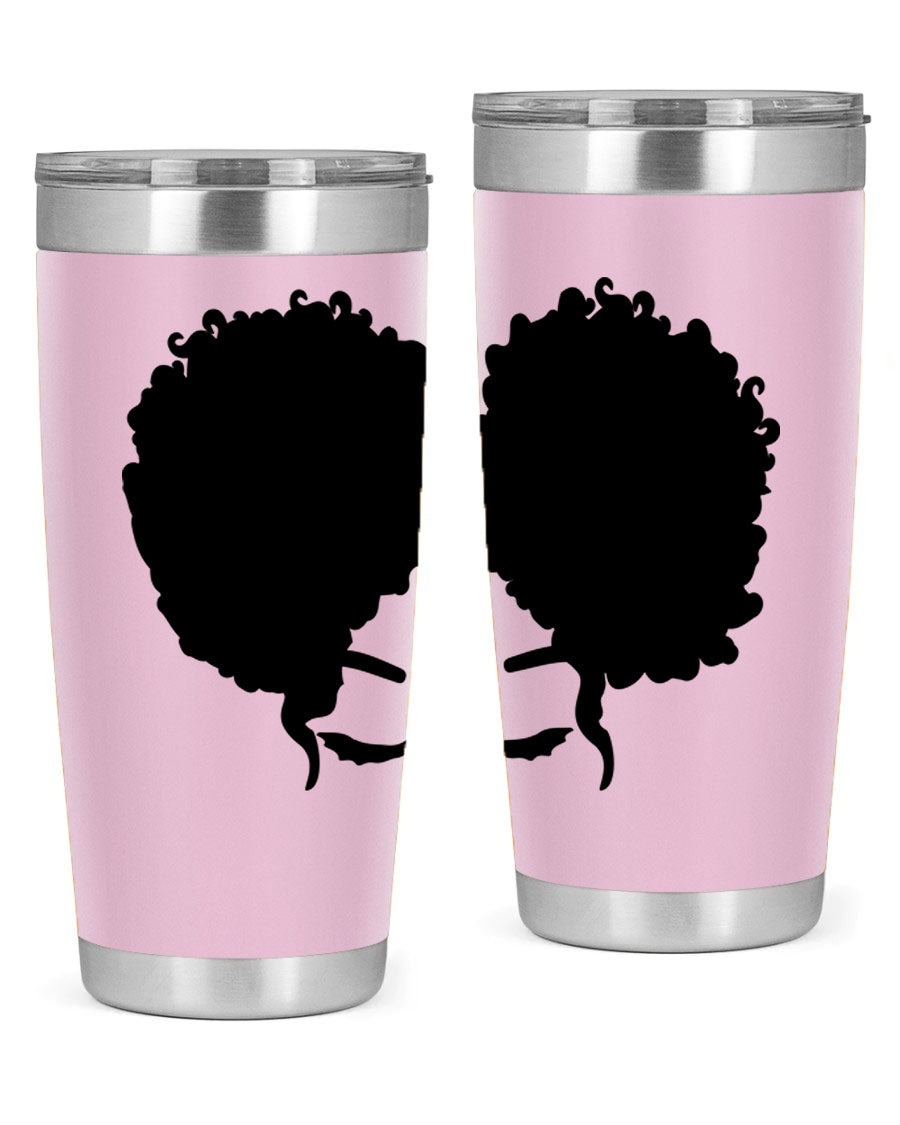 A stylish tumbler featuring a black woman with red lips, showcasing its sleek stainless steel design.
