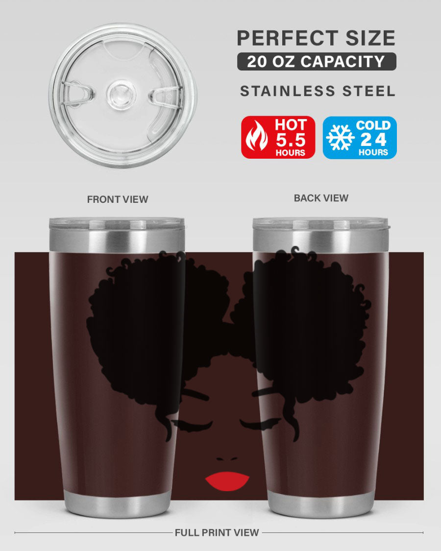 A stylish tumbler featuring a black woman with red lips, showcasing its sleek stainless steel design.