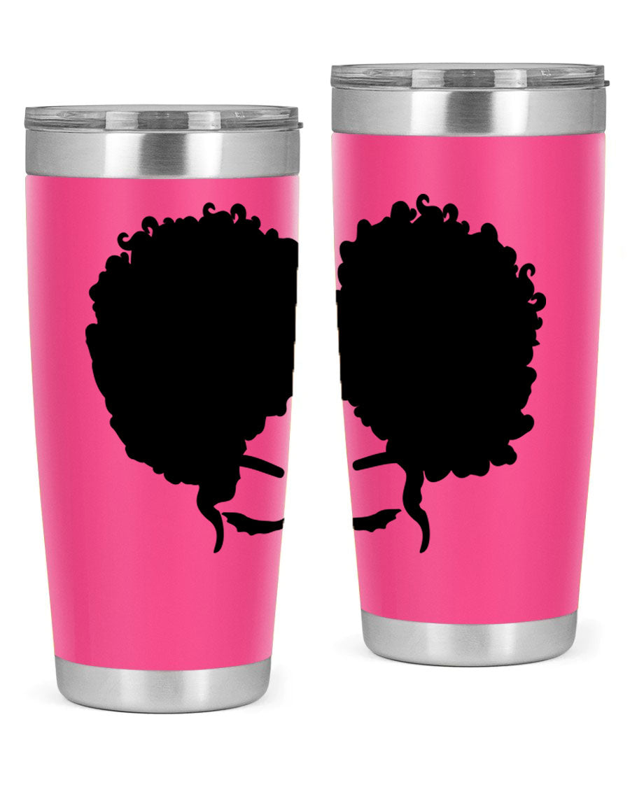 A stylish tumbler featuring a black woman with red lips, showcasing its sleek stainless steel design.