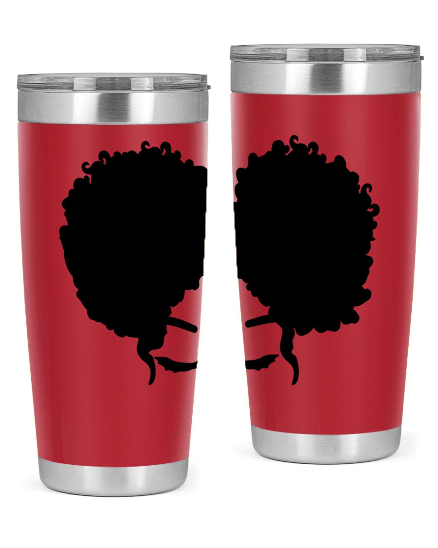 A stylish tumbler featuring a black woman with red lips, showcasing its sleek stainless steel design.