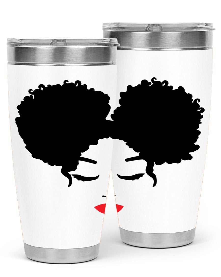 A stylish tumbler featuring a black woman with red lips, showcasing its sleek stainless steel design.