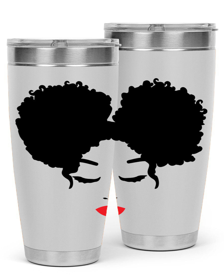 A stylish tumbler featuring a black woman with red lips, showcasing its sleek stainless steel design.