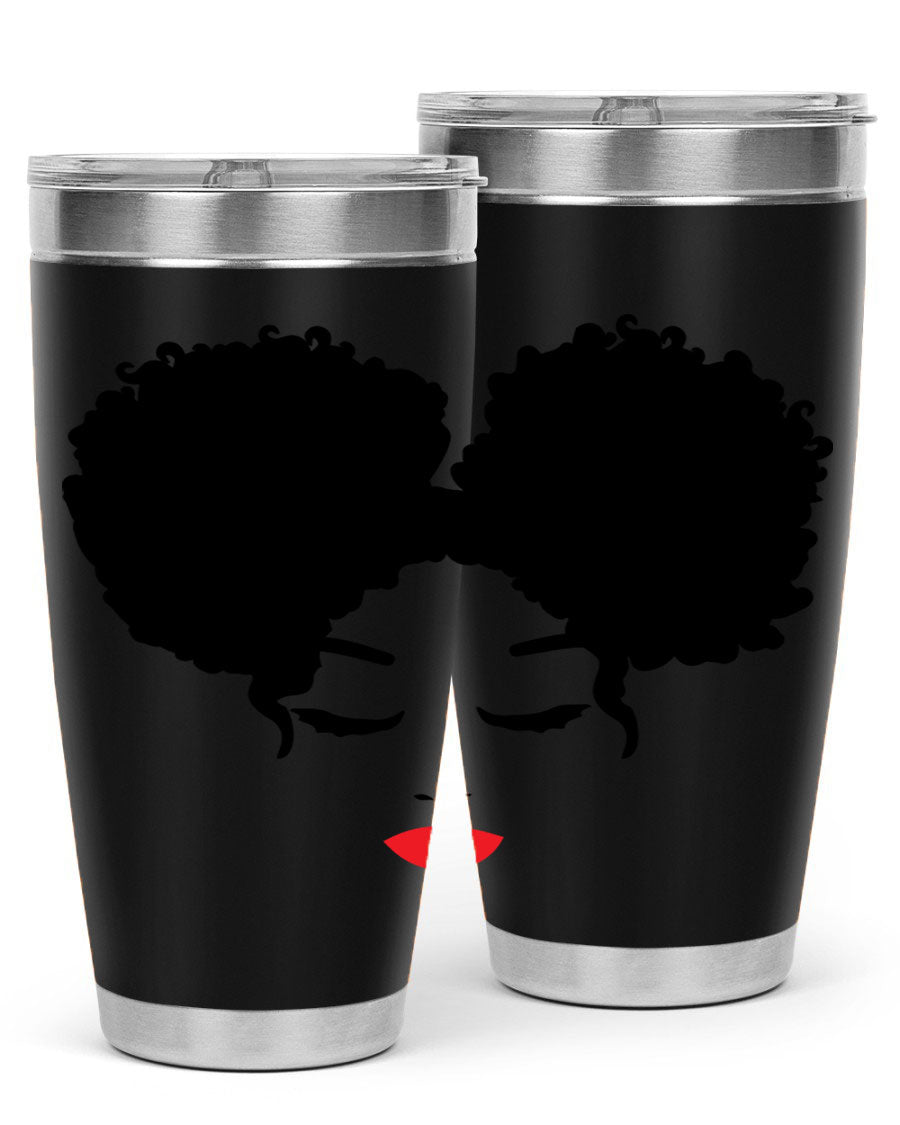 A stylish tumbler featuring a black woman with red lips, showcasing its sleek stainless steel design.