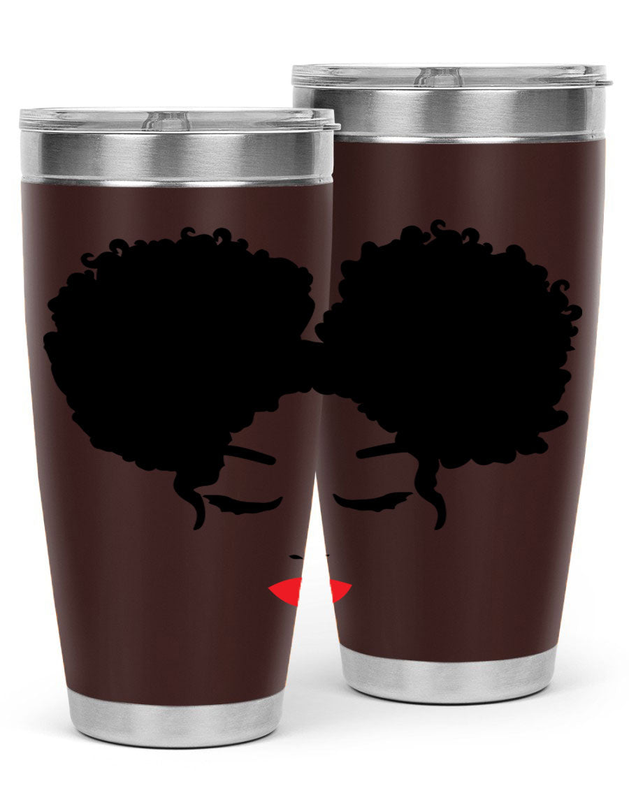 A stylish tumbler featuring a black woman with red lips, showcasing its sleek stainless steel design.