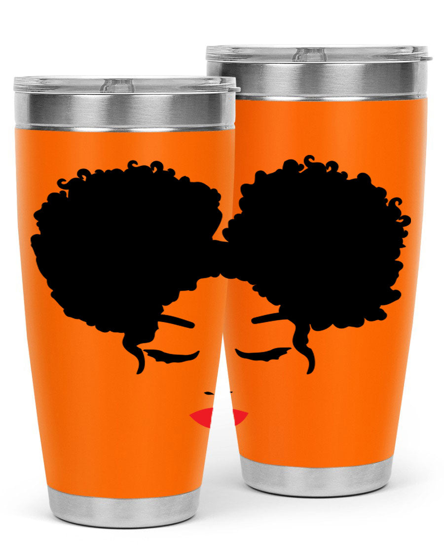 A stylish tumbler featuring a black woman with red lips, showcasing its sleek stainless steel design.