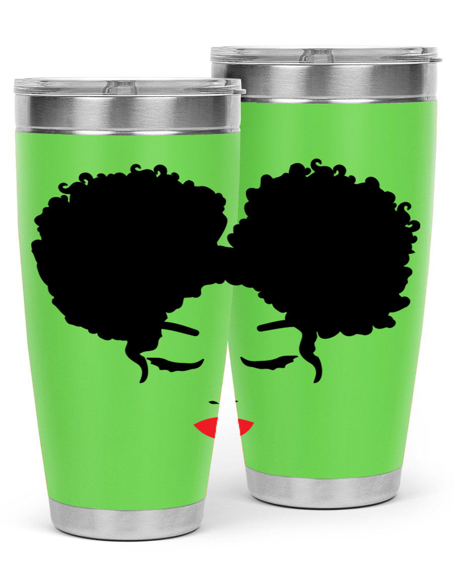 A stylish tumbler featuring a black woman with red lips, showcasing its sleek stainless steel design.