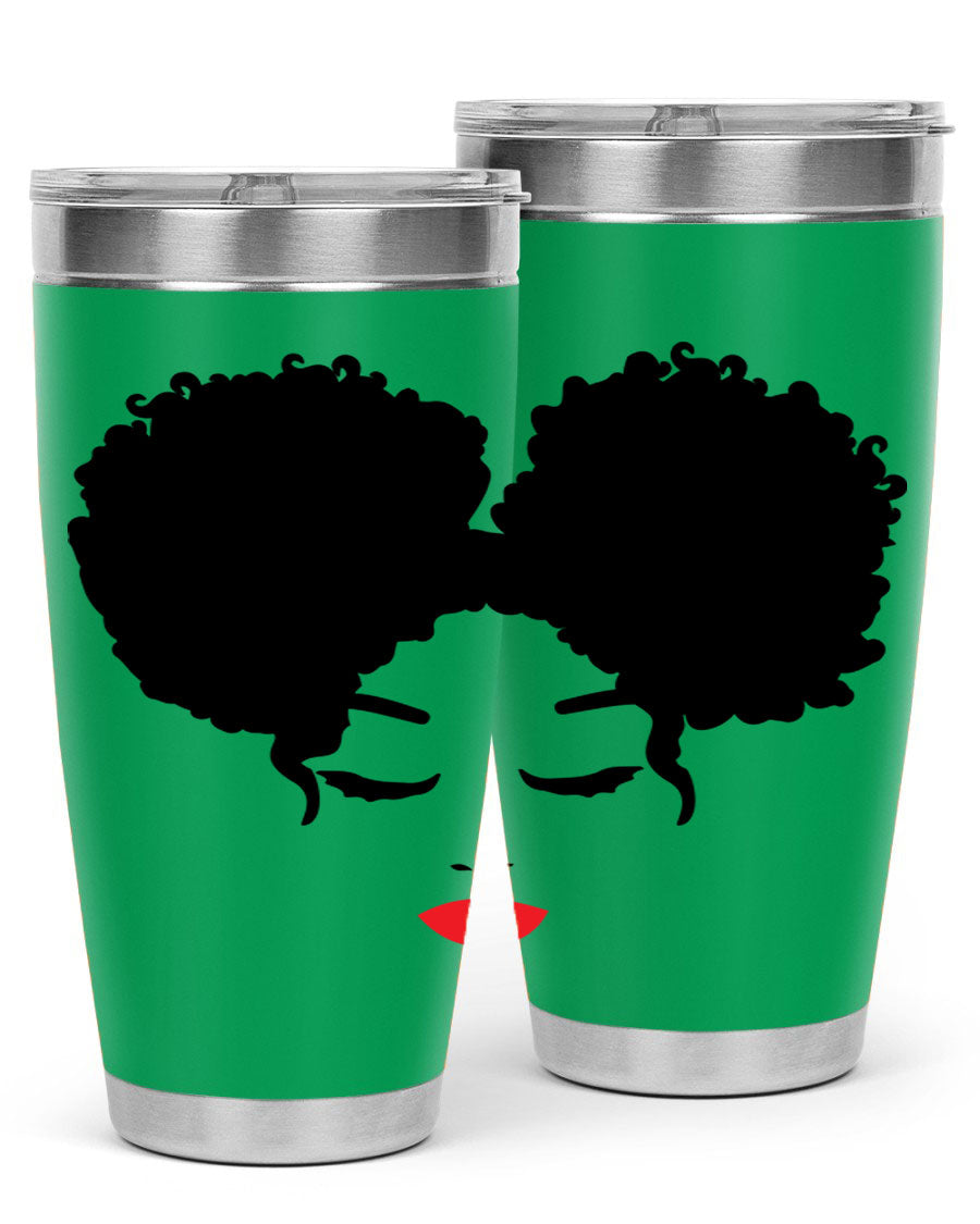 A stylish tumbler featuring a black woman with red lips, showcasing its sleek stainless steel design.