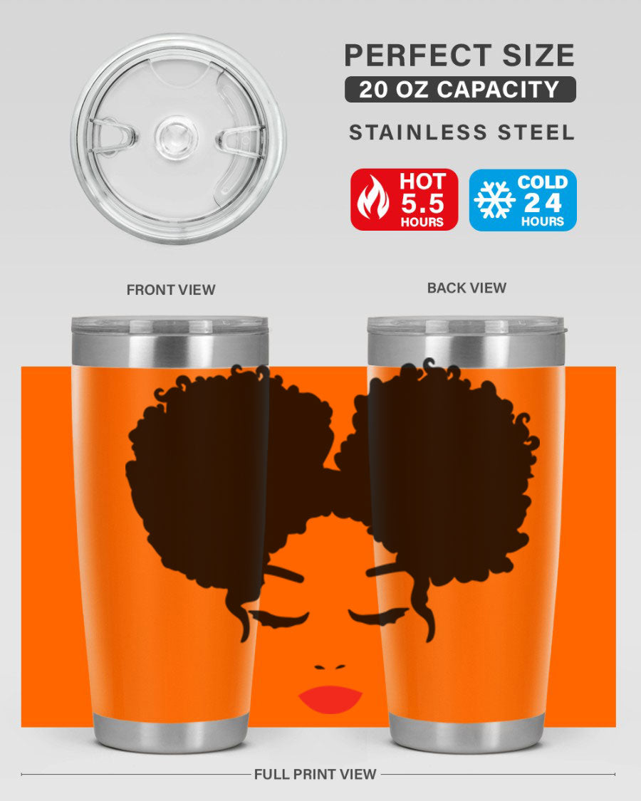 A stylish tumbler featuring a black woman with red lips, showcasing its sleek stainless steel design.