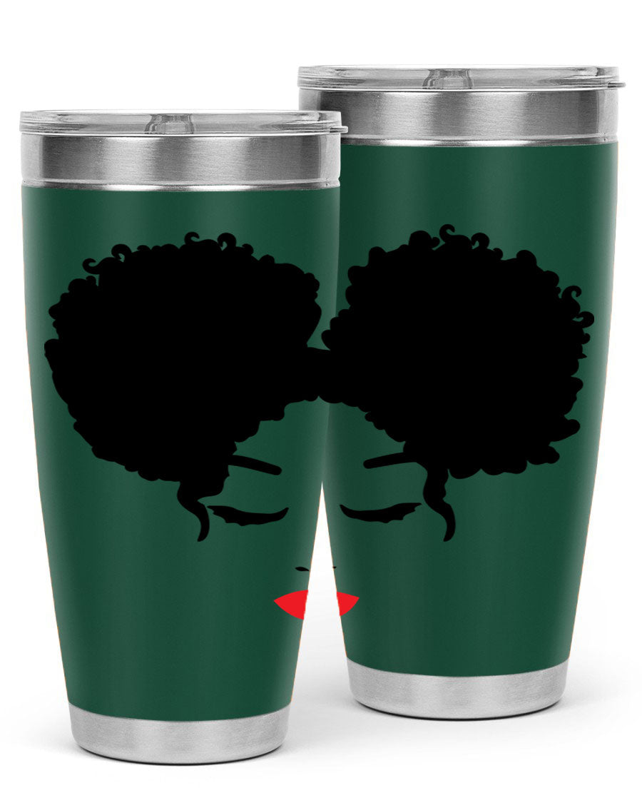 A stylish tumbler featuring a black woman with red lips, showcasing its sleek stainless steel design.