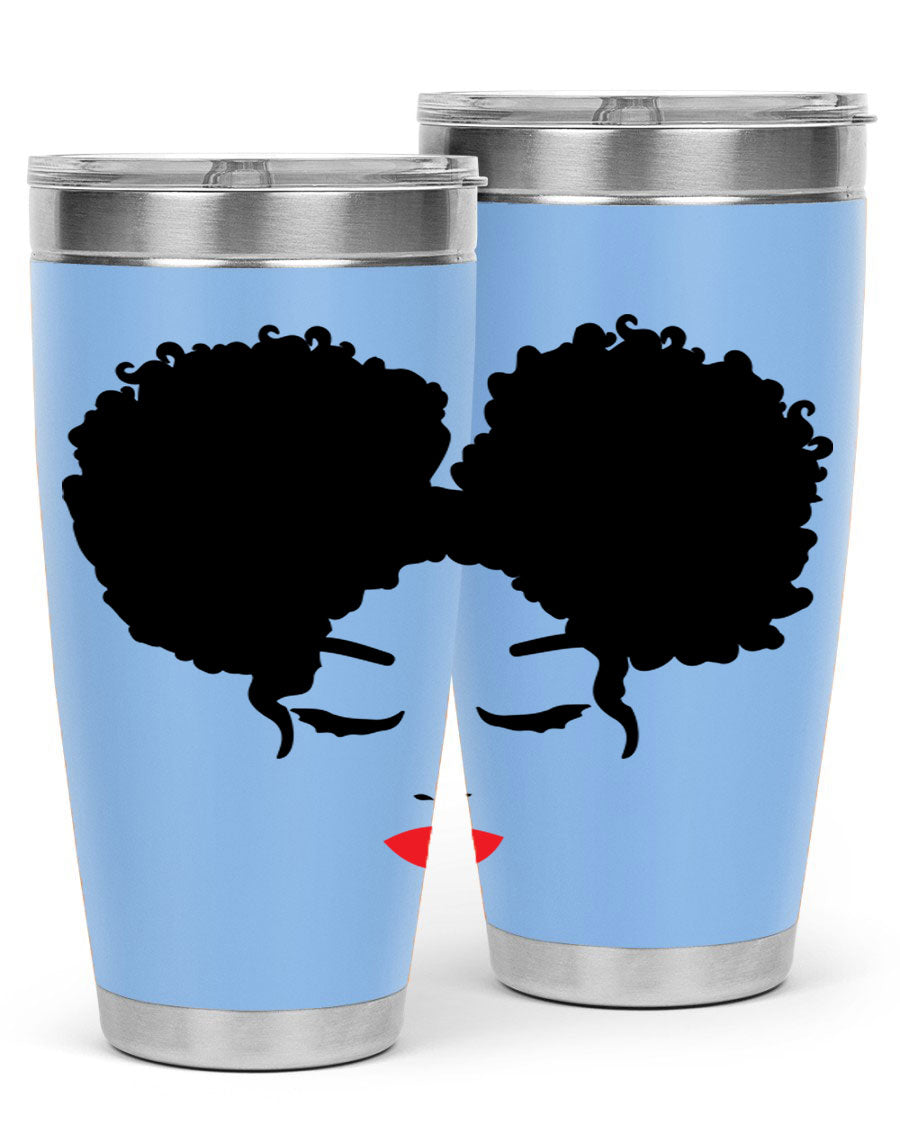 A stylish tumbler featuring a black woman with red lips, showcasing its sleek stainless steel design.