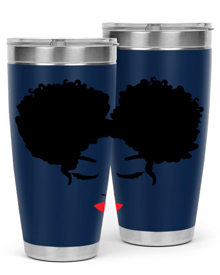 A stylish tumbler featuring a black woman with red lips, showcasing its sleek stainless steel design.