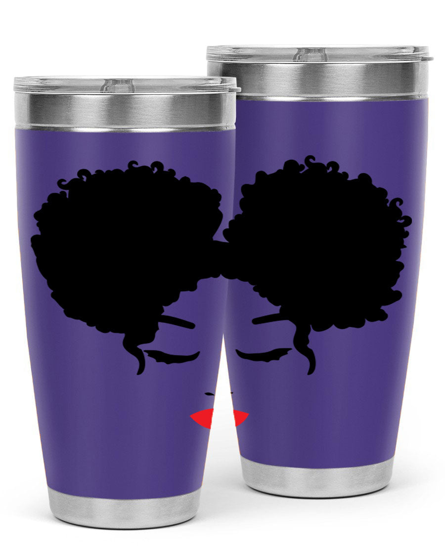 A stylish tumbler featuring a black woman with red lips, showcasing its sleek stainless steel design.