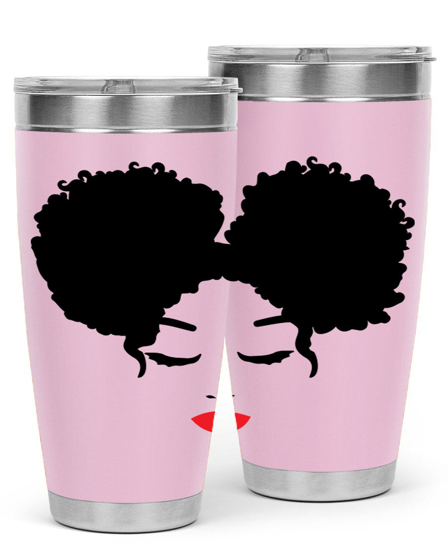 A stylish tumbler featuring a black woman with red lips, showcasing its sleek stainless steel design.