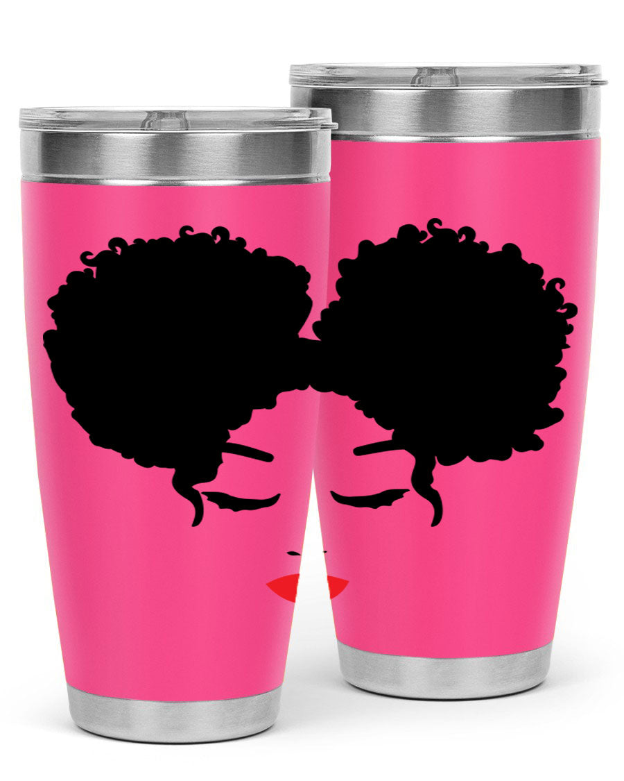 A stylish tumbler featuring a black woman with red lips, showcasing its sleek stainless steel design.
