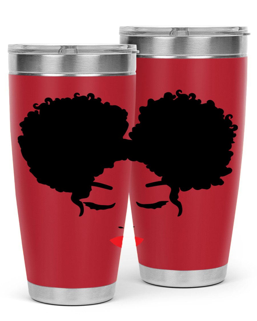 A stylish tumbler featuring a black woman with red lips, showcasing its sleek stainless steel design.