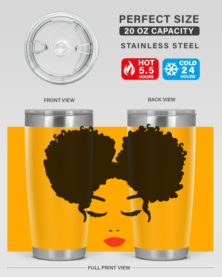 A stylish tumbler featuring a black woman with red lips, showcasing its sleek stainless steel design.