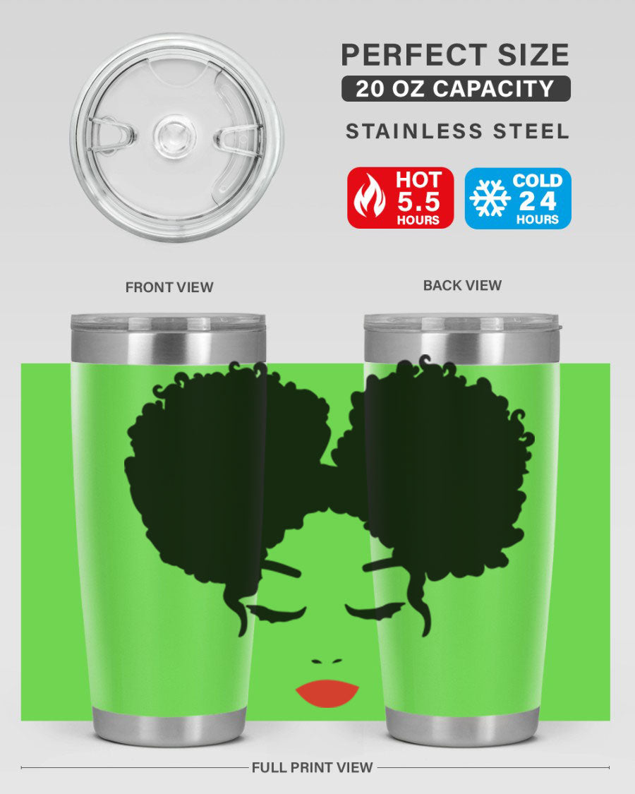 A stylish tumbler featuring a black woman with red lips, showcasing its sleek stainless steel design.