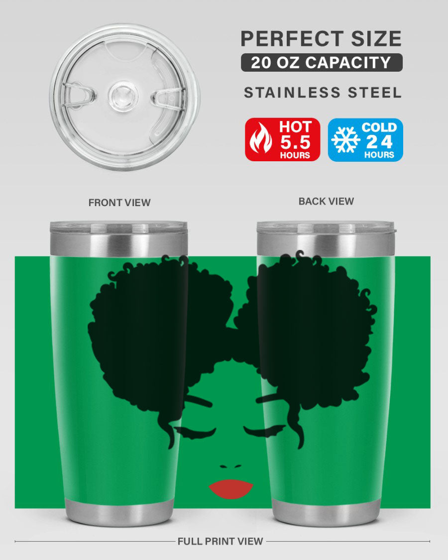 A stylish tumbler featuring a black woman with red lips, showcasing its sleek stainless steel design.